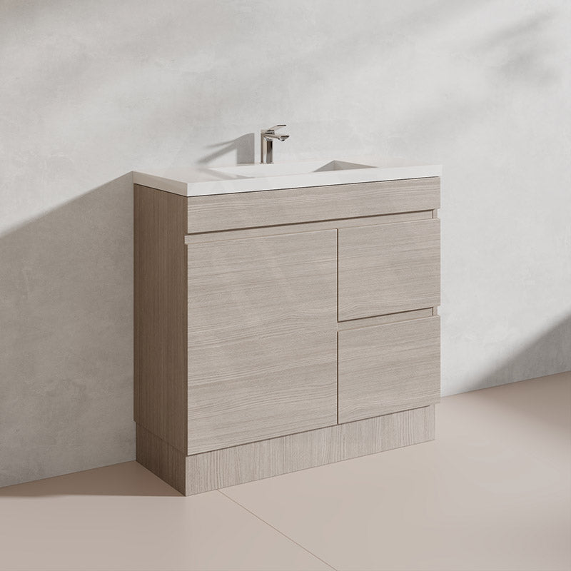 Lukka Camden Modern 900mm Narrow Freestanding Vanity E0 MDF Wood Grain PVC Film Cabinet with Left/Right Hand Drawers In Various Colours