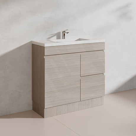 Lukka Camden Modern 900mm Narrow Freestanding Vanity E0 MDF Wood Grain PVC Film Cabinet with Left/Right Hand Drawers In Various Colours