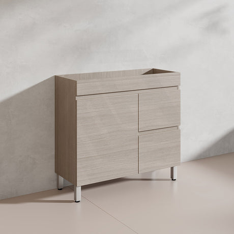 Lukka Camden Modern 900mm Narrow Freestanding Vanity E0 MDF Wood Grain PVC Film Cabinet with Left/Right Hand Drawers In Various Colours