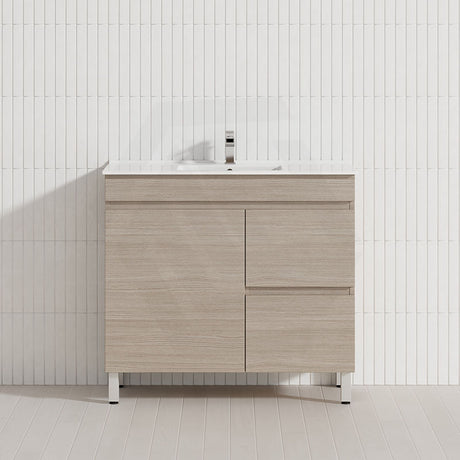 Lukka Camden Modern 900mm Narrow Freestanding Vanity E0 MDF Wood Grain PVC Film Cabinet with Left/Right Hand Drawers In Various Colours