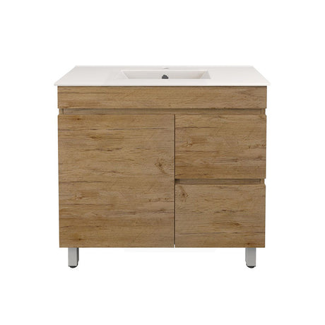 Lukka Camden Modern 900mm Narrow Freestanding Vanity E0 MDF Wood Grain PVC Film Cabinet with Left/Right Hand Drawers In Various Colours