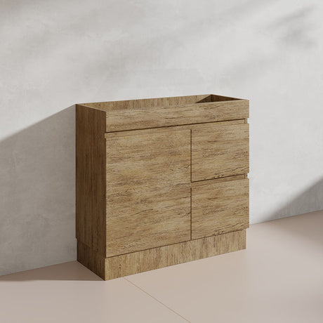 Lukka Camden Modern 900mm Narrow Freestanding Vanity E0 MDF Wood Grain PVC Film Cabinet with Left/Right Hand Drawers In Various Colours