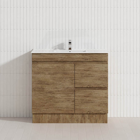 Lukka Camden Modern 900mm Narrow Freestanding Vanity E0 MDF Wood Grain PVC Film Cabinet with Left/Right Hand Drawers In Various Colours