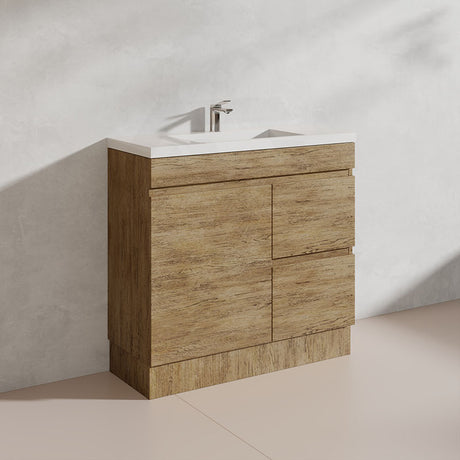 Lukka Camden Modern 900mm Narrow Freestanding Vanity E0 MDF Wood Grain PVC Film Cabinet with Left/Right Hand Drawers In Various Colours