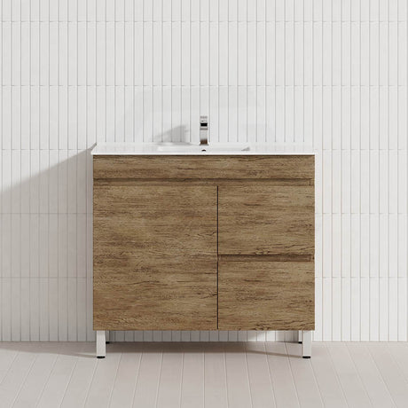 Lukka Camden Modern 900mm Narrow Freestanding Vanity E0 MDF Wood Grain PVC Film Cabinet with Left/Right Hand Drawers In Various Colours
