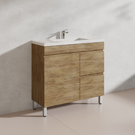 Lukka Camden Modern 900mm Narrow Freestanding Vanity E0 MDF Wood Grain PVC Film Cabinet with Left/Right Hand Drawers In Various Colours