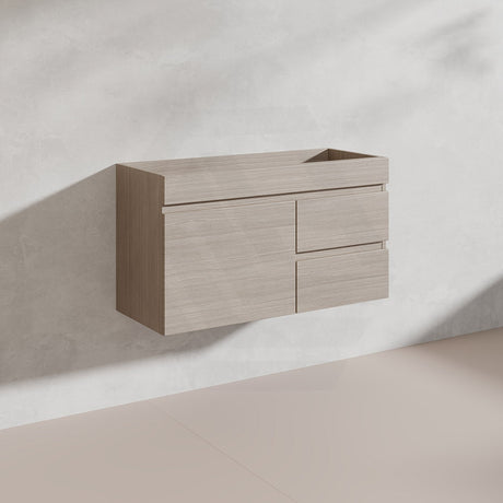 Lukka Camden Modern 900mm Narrow Wall Hung Vanity E0 MDF Wood Grain PVC Film Cabinet with Left/Right Hand Drawers Variant Colour Available