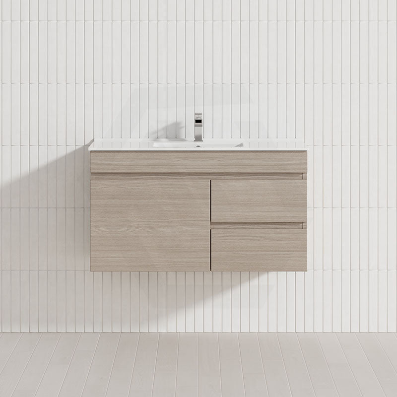 Lukka Camden Modern 900mm Narrow Wall Hung Vanity E0 MDF Wood Grain PVC Film Cabinet with Left/Right Hand Drawers Variant Colour Available