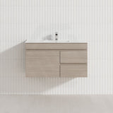 Lukka Camden Modern 900mm Narrow Wall Hung Vanity E0 MDF Wood Grain PVC Film Cabinet with Left/Right Hand Drawers Variant Colour Available