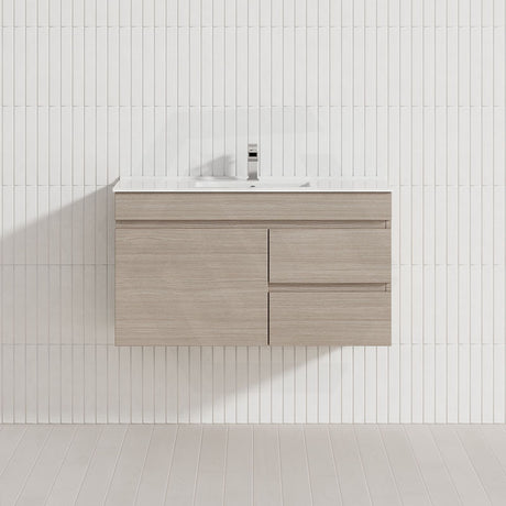 Lukka Camden Modern 900mm Narrow Wall Hung Vanity E0 MDF Wood Grain PVC Film Cabinet with Left/Right Hand Drawers Variant Colour Available