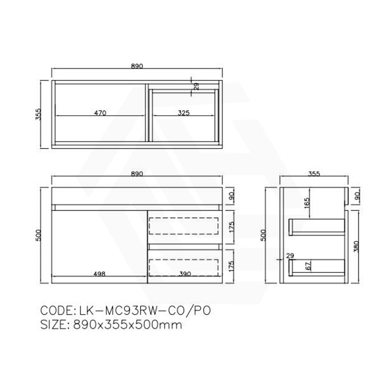 Lukka Camden Modern 900mm Narrow Wall Hung Vanity E0 MDF Wood Grain PVC Film Cabinet with Left/Right Hand Drawers Variant Colour Available