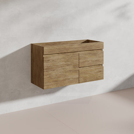 Lukka Camden Modern 900mm Narrow Wall Hung Vanity E0 MDF Wood Grain PVC Film Cabinet with Left/Right Hand Drawers Variant Colour Available