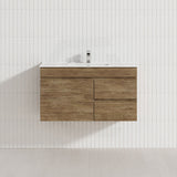 Lukka Camden Modern 900mm Narrow Wall Hung Vanity E0 MDF Wood Grain PVC Film Cabinet with Left/Right Hand Drawers Variant Colour Available