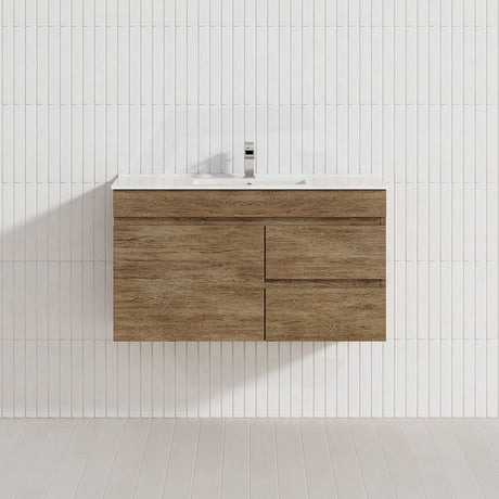 Lukka Camden Modern 900mm Narrow Wall Hung Vanity E0 MDF Wood Grain PVC Film Cabinet with Left/Right Hand Drawers Variant Colour Available