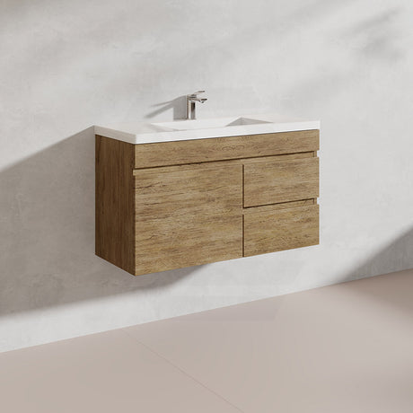 Lukka Camden Modern 900mm Narrow Wall Hung Vanity E0 MDF Wood Grain PVC Film Cabinet with Left/Right Hand Drawers Variant Colour Available