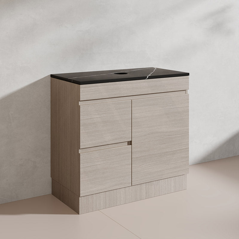 Lukka Camden Modern 900mm Freestanding Vanity E0 MDF Wood Grain PVC Film Cabinet with Left/Right Hand Drawers In Various Colours