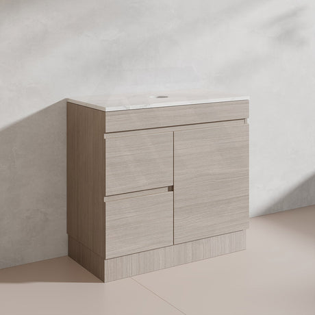 Lukka Camden Modern 900mm Freestanding Vanity E0 MDF Wood Grain PVC Film Cabinet with Left/Right Hand Drawers In Various Colours