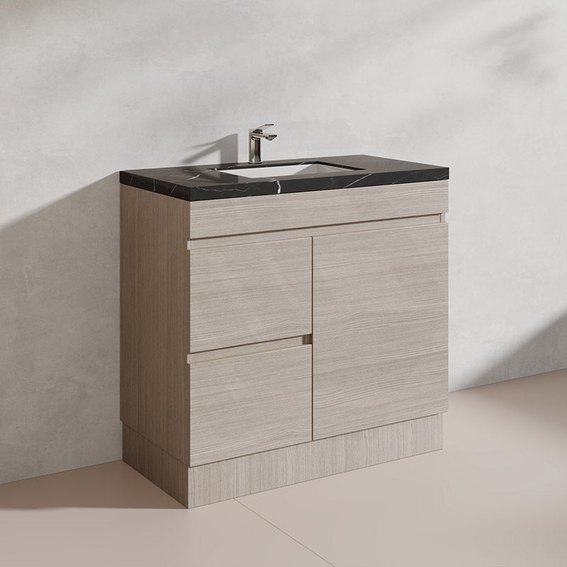 Lukka Camden Modern 900mm Freestanding Vanity E0 MDF Wood Grain PVC Film Cabinet with Left/Right Hand Drawers In Various Colours