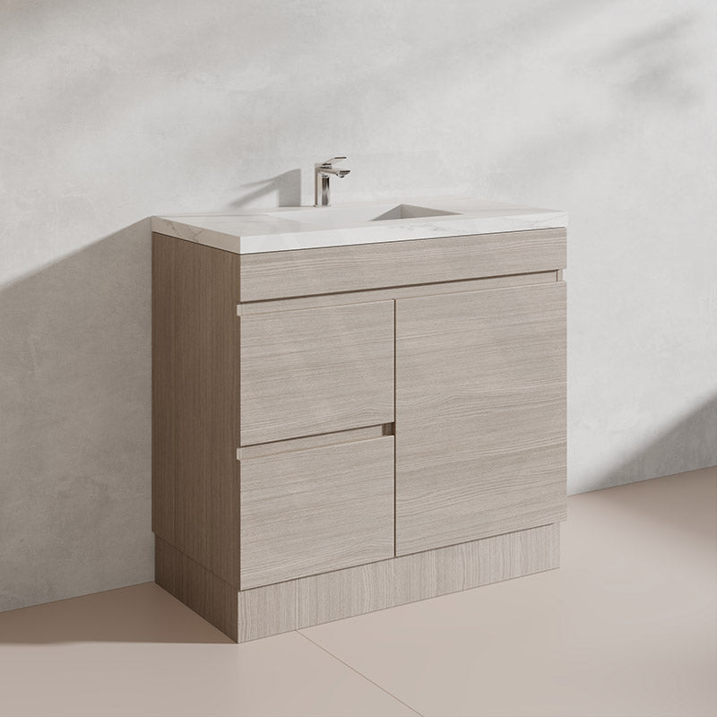 Lukka Camden Modern 900mm Freestanding Vanity E0 MDF Wood Grain PVC Film Cabinet with Left/Right Hand Drawers In Various Colours