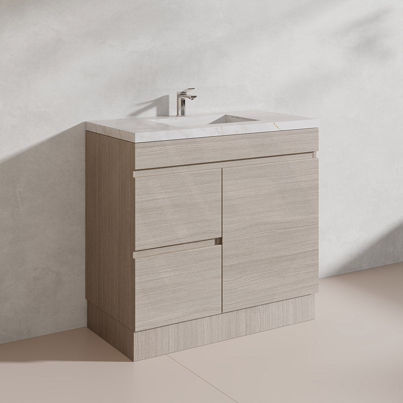Lukka Camden Modern 900mm Freestanding Vanity E0 MDF Wood Grain PVC Film Cabinet with Left/Right Hand Drawers In Various Colours