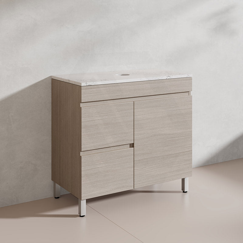 Lukka Camden Modern 900mm Freestanding Vanity E0 MDF Wood Grain PVC Film Cabinet with Left/Right Hand Drawers In Various Colours