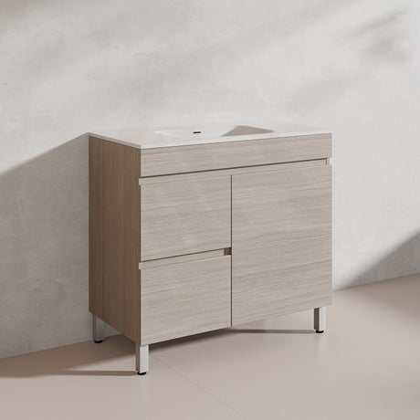 Lukka Camden Modern 900mm Freestanding Vanity E0 MDF Wood Grain PVC Film Cabinet with Left/Right Hand Drawers In Various Colours