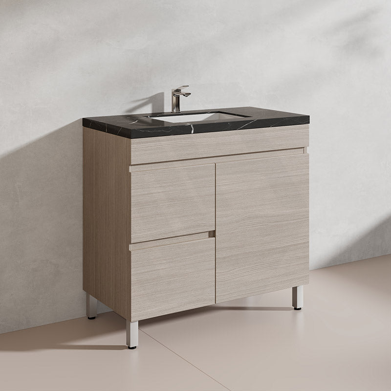Lukka Camden Modern 900mm Freestanding Vanity E0 MDF Wood Grain PVC Film Cabinet with Left/Right Hand Drawers In Various Colours