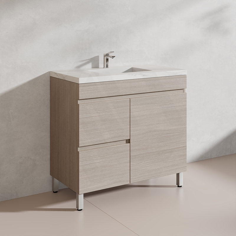 Lukka Camden Modern 900mm Freestanding Vanity E0 MDF Wood Grain PVC Film Cabinet with Left/Right Hand Drawers In Various Colours