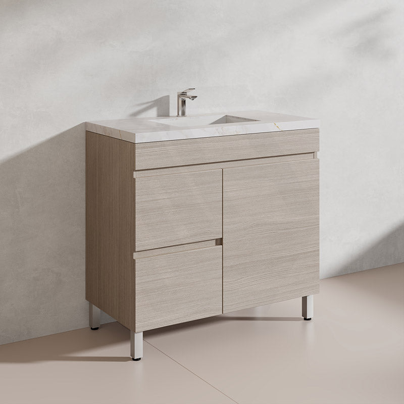 Lukka Camden Modern 900mm Freestanding Vanity E0 MDF Wood Grain PVC Film Cabinet with Left/Right Hand Drawers In Various Colours