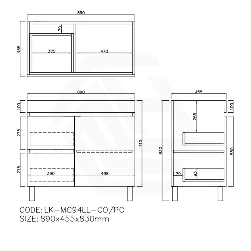 Lukka Camden Modern 900mm Freestanding Vanity E0 MDF Wood Grain PVC Film Cabinet with Left/Right Hand Drawers In Various Colours