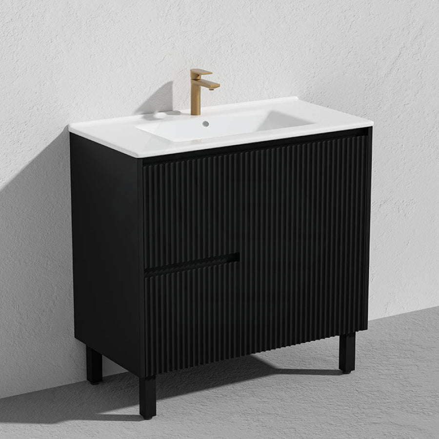 Lukka Crete Modern 600-1500mm Matt Black/White Freestanding Vanity with Legs PVC Board Linear Surface