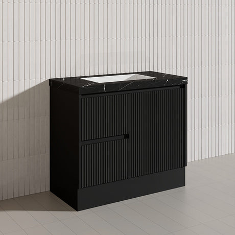 Lukka Crete Modern 900mm Matt Black/White Freestanding Vanity PVC Board Linear Surface