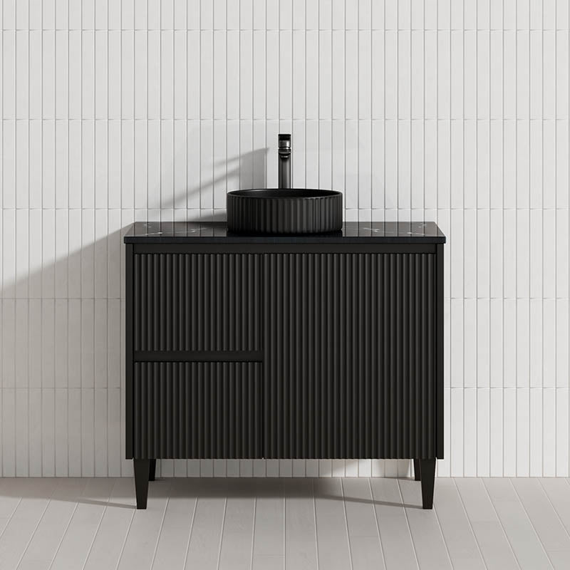 Lukka Crete Modern 600-1500mm Matt Black/White Freestanding Vanity with Legs PVC Board Linear Surface
