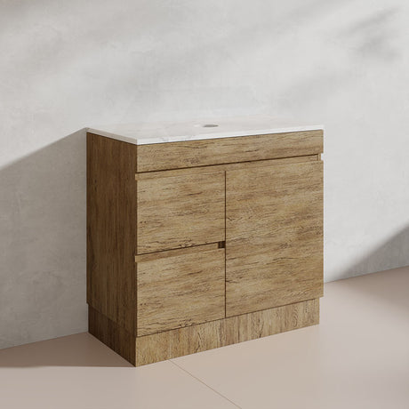 Lukka Camden Modern 900mm Freestanding Vanity E0 MDF Wood Grain PVC Film Cabinet with Left/Right Hand Drawers In Various Colours