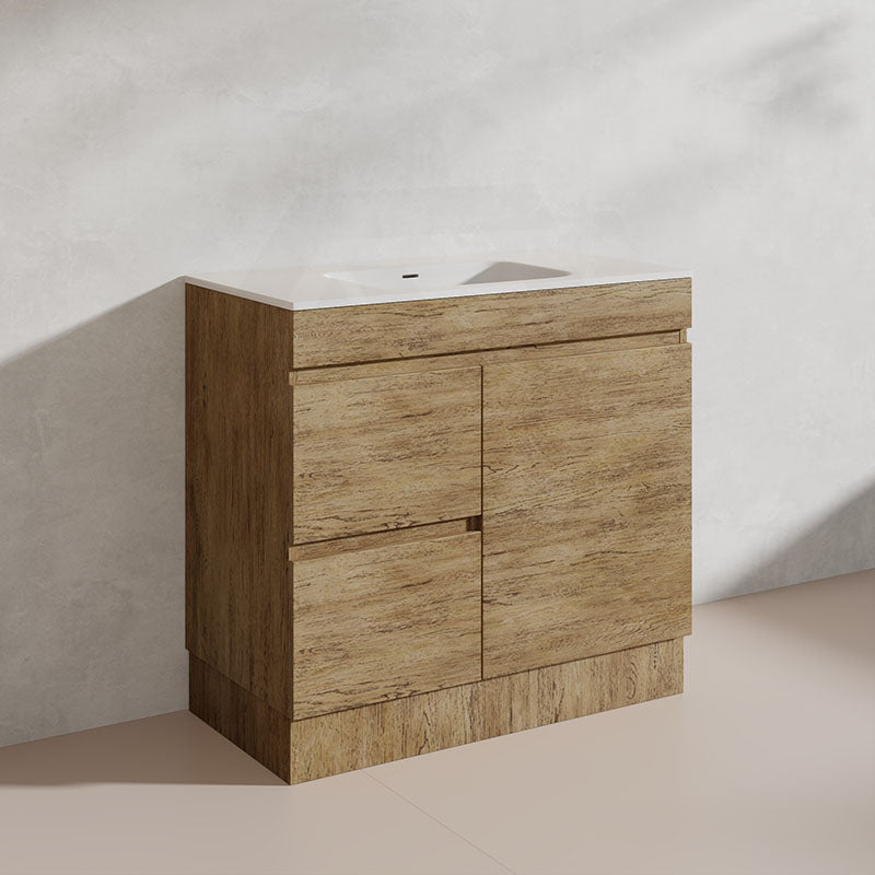 Lukka Camden Modern 900mm Freestanding Vanity E0 MDF Wood Grain PVC Film Cabinet with Left/Right Hand Drawers In Various Colours