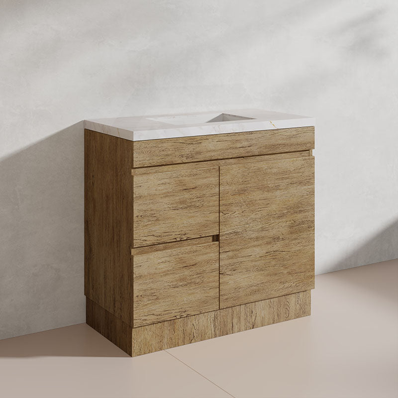 Lukka Camden Modern 900mm Freestanding Vanity E0 MDF Wood Grain PVC Film Cabinet with Left/Right Hand Drawers In Various Colours