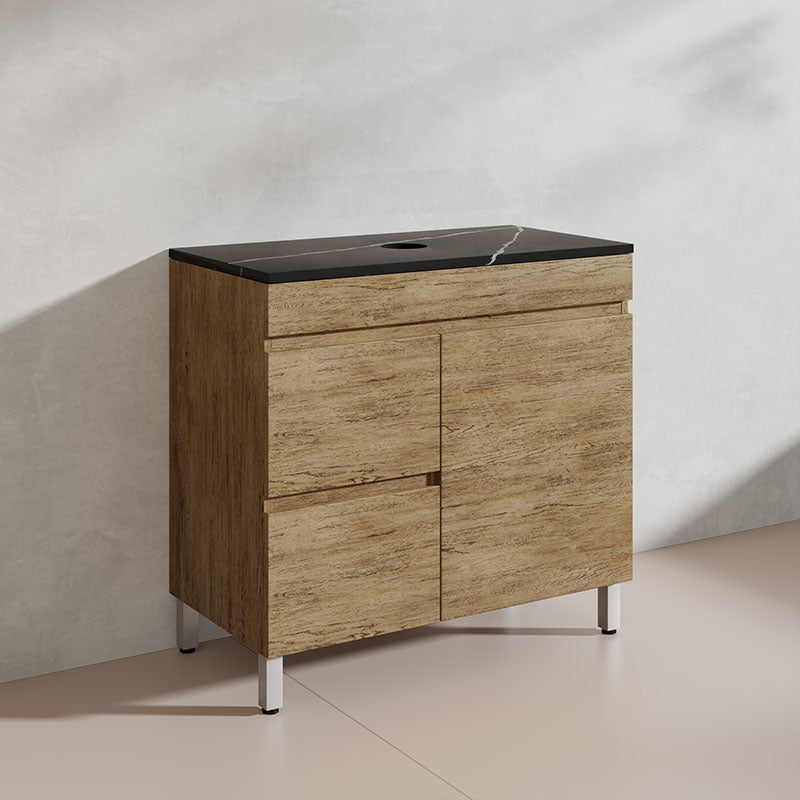Lukka Camden Modern 900mm Freestanding Vanity E0 MDF Wood Grain PVC Film Cabinet with Left/Right Hand Drawers In Various Colours