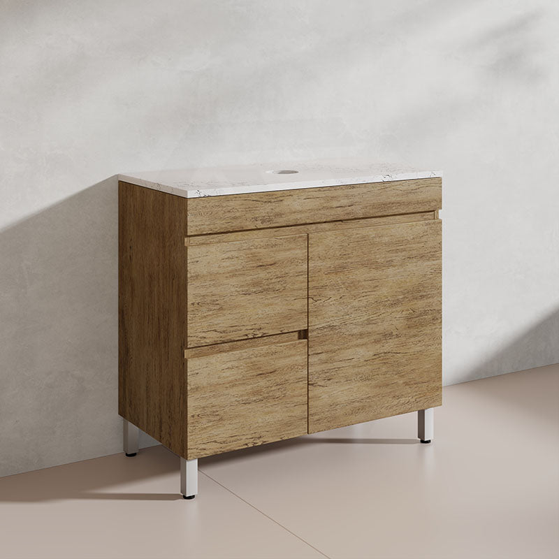 Lukka Camden Modern 900mm Freestanding Vanity E0 MDF Wood Grain PVC Film Cabinet with Left/Right Hand Drawers In Various Colours