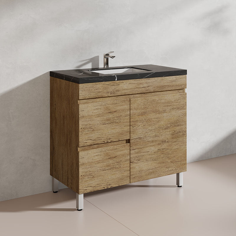 Lukka Camden Modern 900mm Freestanding Vanity E0 MDF Wood Grain PVC Film Cabinet with Left/Right Hand Drawers In Various Colours