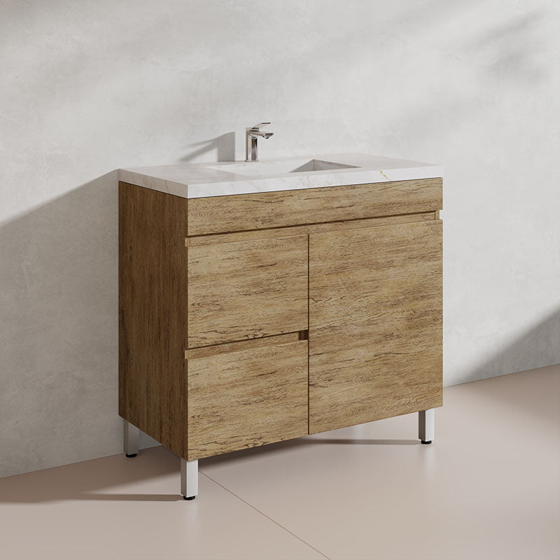 Lukka Camden Modern 900mm Freestanding Vanity E0 MDF Wood Grain PVC Film Cabinet with Left/Right Hand Drawers In Various Colours