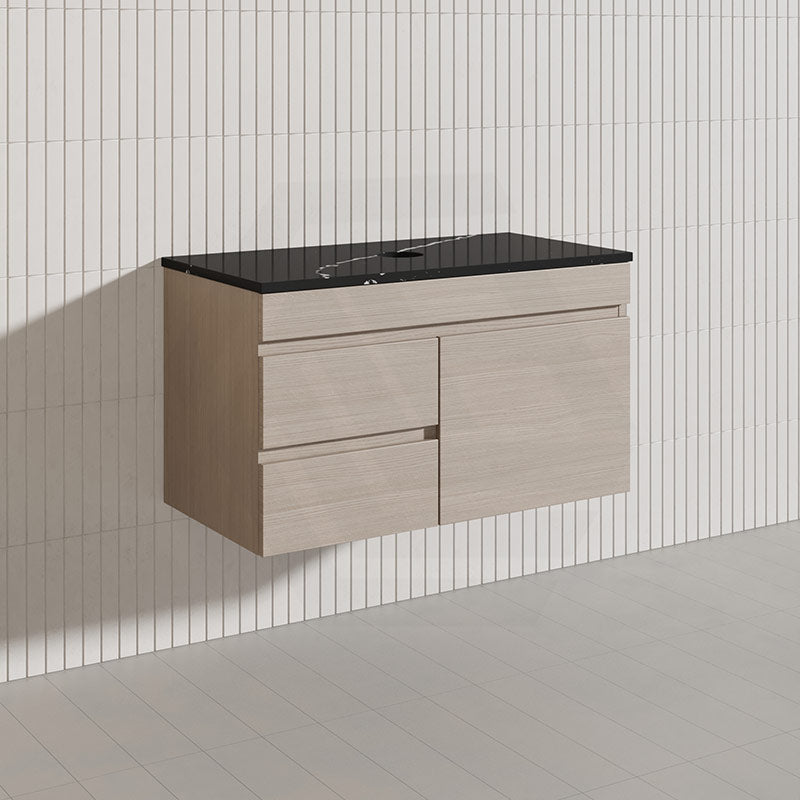 Lukka Camden Modern 900mm Wall Hung Vanity E0 MDF Wood Grain PVC Film Cabinet with Left/Right Hand Drawers In Various Colours