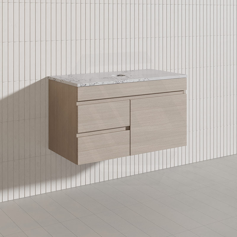 Lukka Camden Modern 900mm Wall Hung Vanity E0 MDF Wood Grain PVC Film Cabinet with Left/Right Hand Drawers In Various Colours