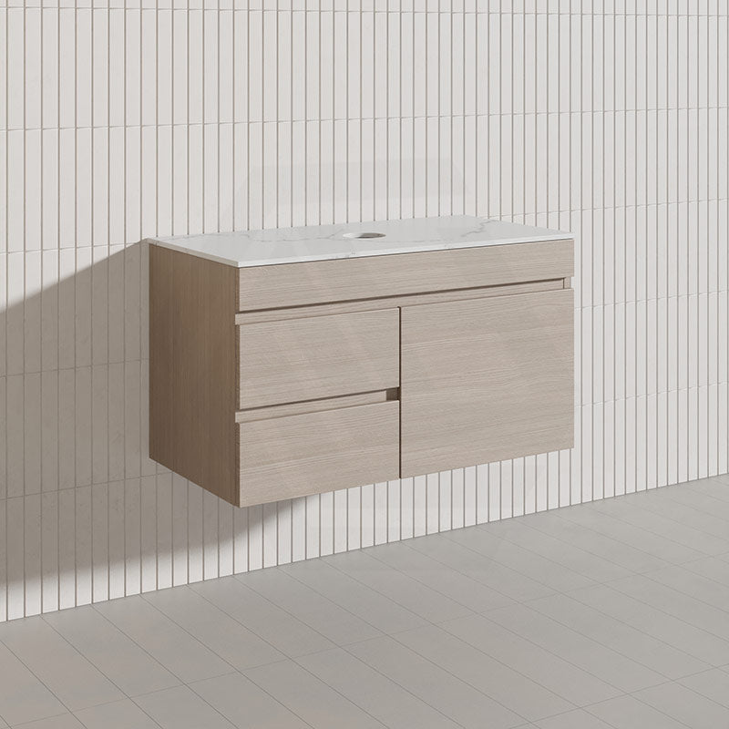Lukka Camden Modern 900mm Wall Hung Vanity E0 MDF Wood Grain PVC Film Cabinet with Left/Right Hand Drawers In Various Colours