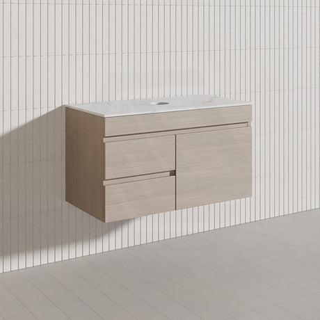 Lukka Camden Modern 900mm Wall Hung Vanity E0 MDF Wood Grain PVC Film Cabinet with Left/Right Hand Drawers In Various Colours