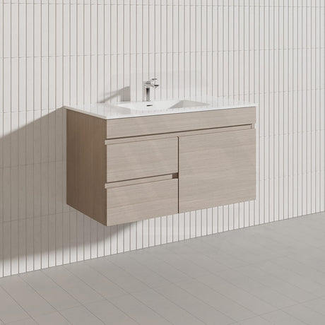 Lukka Camden Modern 900mm Wall Hung Vanity E0 MDF Wood Grain PVC Film Cabinet with Left/Right Hand Drawers In Various Colours