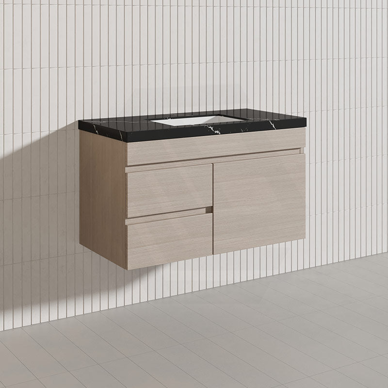 Lukka Camden Modern 900mm Wall Hung Vanity E0 MDF Wood Grain PVC Film Cabinet with Left/Right Hand Drawers In Various Colours
