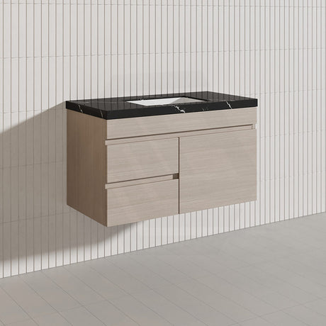 Lukka Camden Modern 900mm Wall Hung Vanity E0 MDF Wood Grain PVC Film Cabinet with Left/Right Hand Drawers In Various Colours