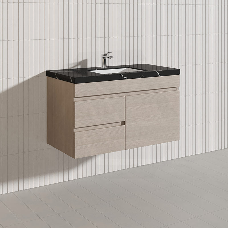 Lukka Camden Modern 900mm Wall Hung Vanity E0 MDF Wood Grain PVC Film Cabinet with Left/Right Hand Drawers In Various Colours
