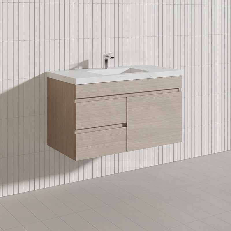 Lukka Camden Modern 900mm Wall Hung Vanity E0 MDF Wood Grain PVC Film Cabinet with Left/Right Hand Drawers In Various Colours