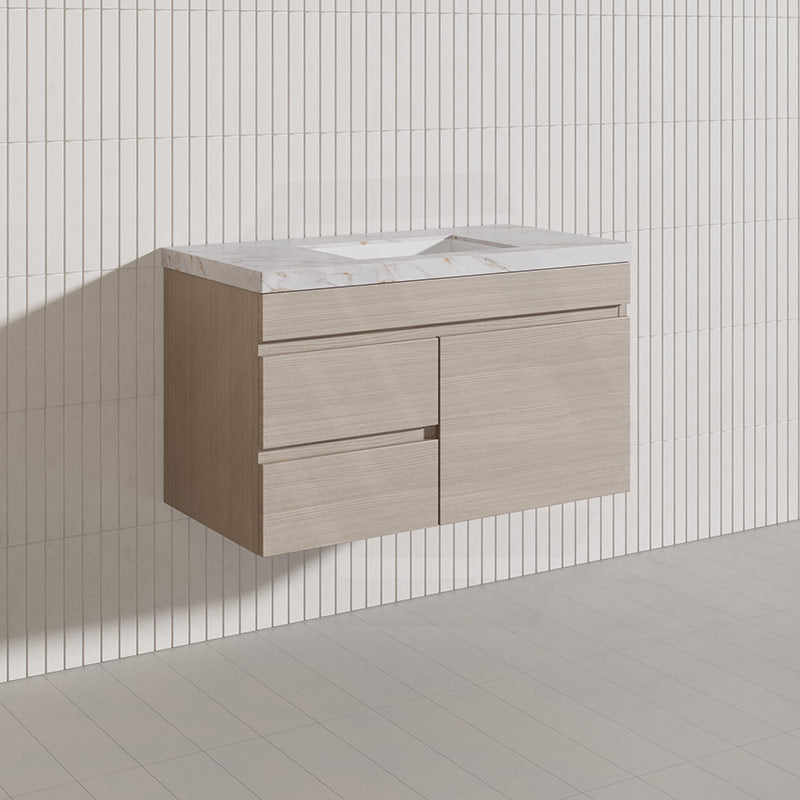Lukka Camden Modern 900mm Wall Hung Vanity E0 MDF Wood Grain PVC Film Cabinet with Left/Right Hand Drawers In Various Colours